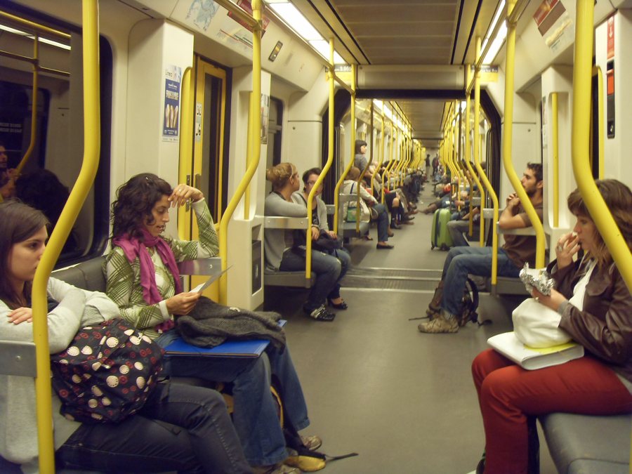 Passengers inside a metro carriage in Valencia